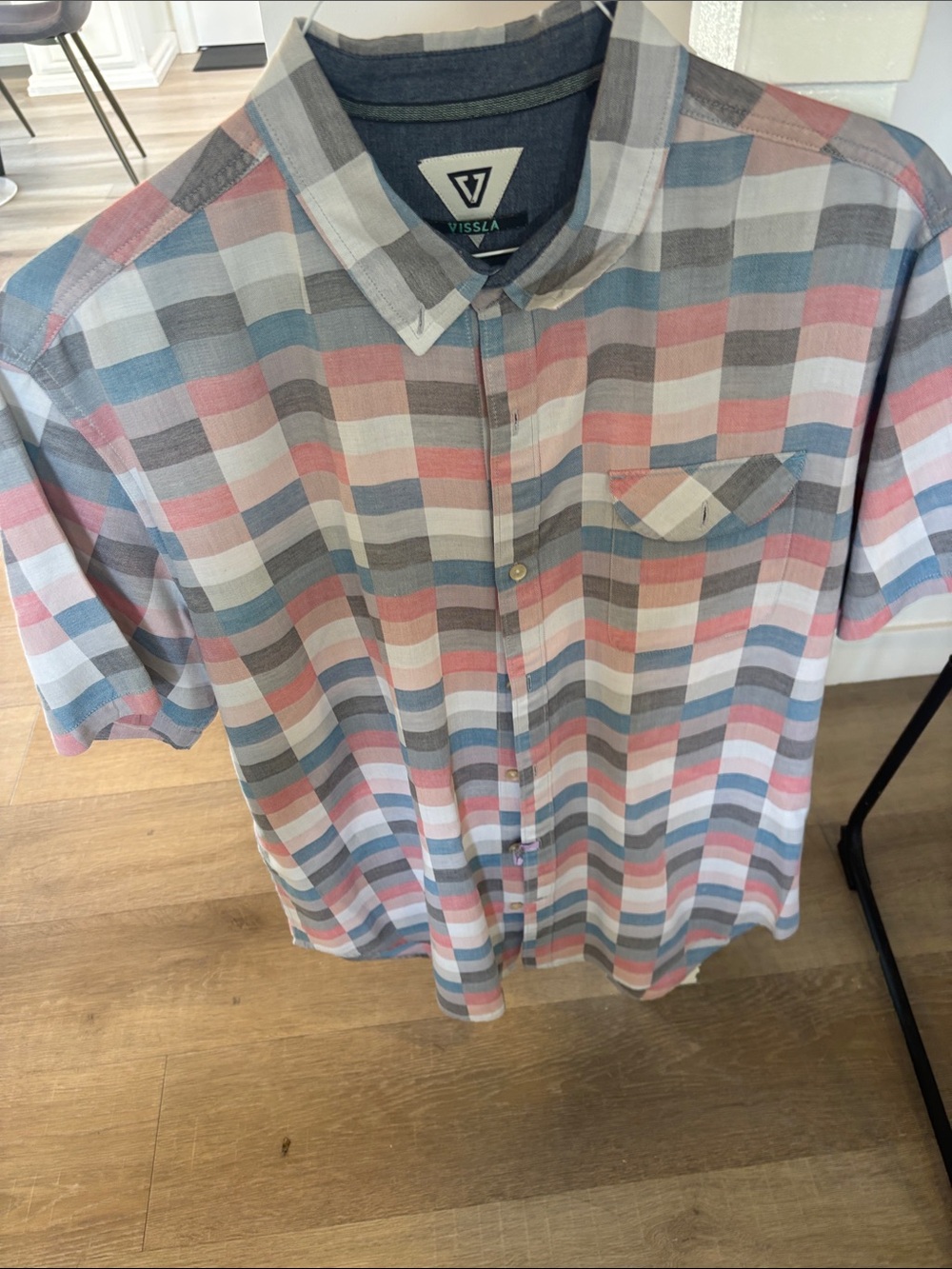 VISSLA Short-Sleeve Plaid Button-Down Shirt - Blue, Gray & Pink
